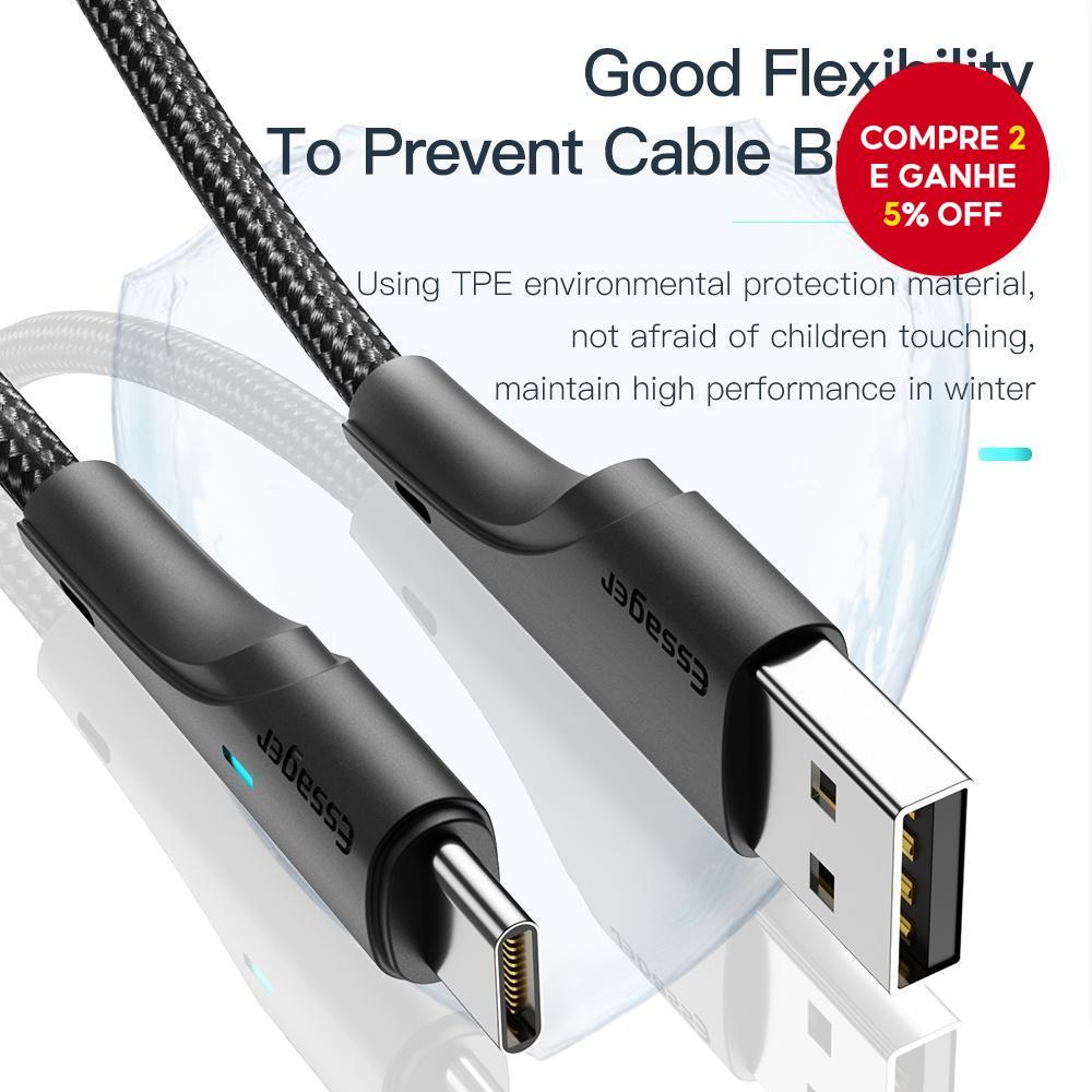 Novo Cabo de Carregamento Rápido 2 em 1 Essager 3A Tipo C/Micro/iP USB 2m/3m para Celulares Android, Cabo de Alimentação