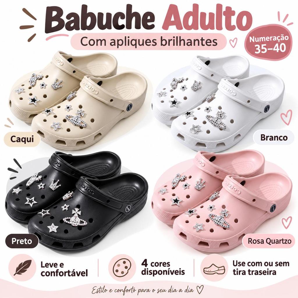 Babuche Feminino Preto com Apliques Brilhantes, Clog Adulto Leve e Confortável com Tira Traseira