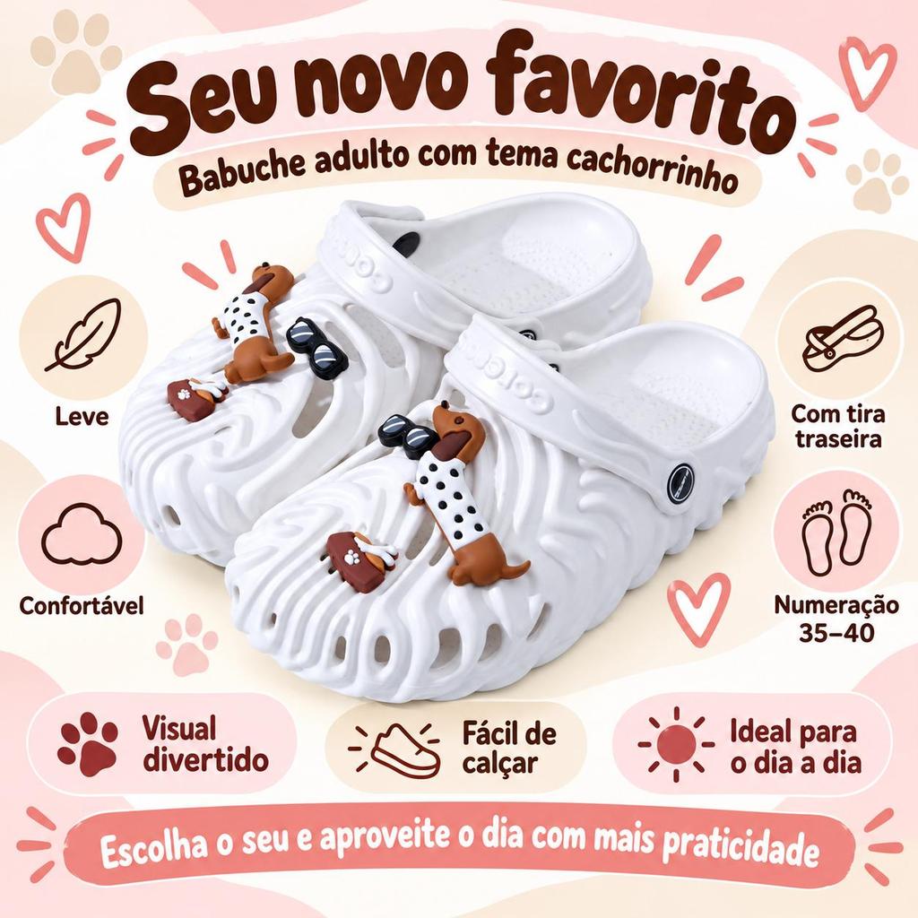 Babuche Feminino Branco com Pingentes de Cachorrinho, Clog Leve em EVA com Tira Traseira