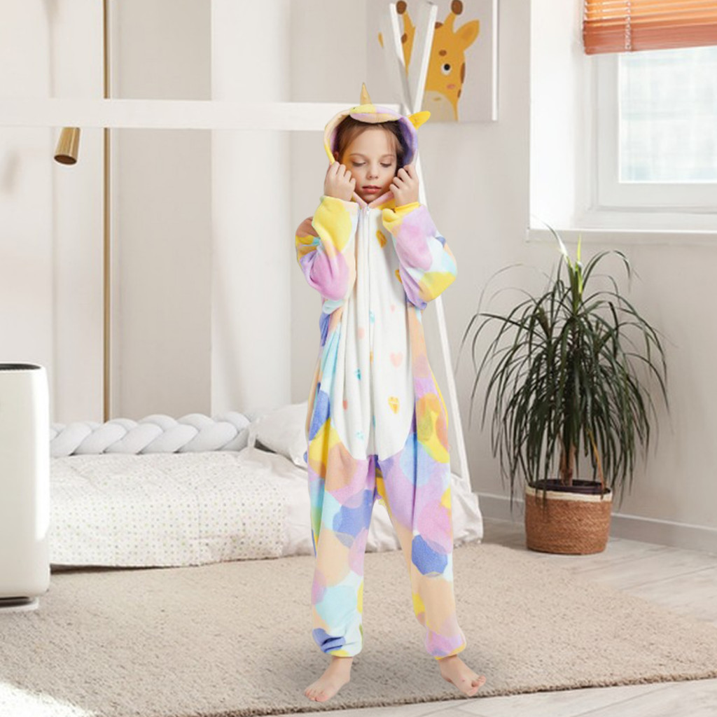 Hooded Jumpsuit Lounge with Hat Kids Flannel Cute Bright Starry Pattern Pajamas Long Sleeve Cartoon Style for Wear for S