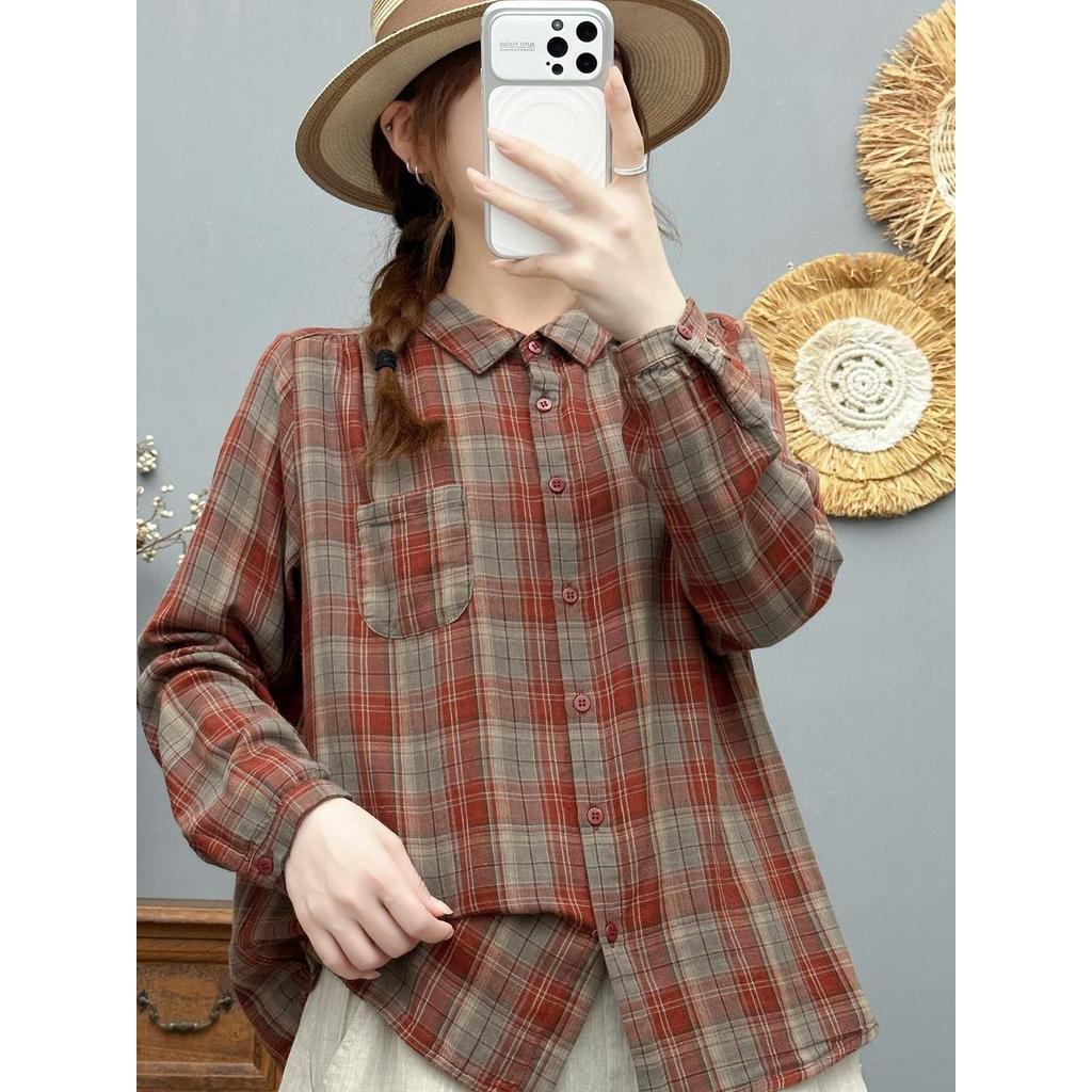 Camisa xadrez tingida de fio de algodão Vintage feminina manga comprida solta Commuter All-Match camisa de algodão liter