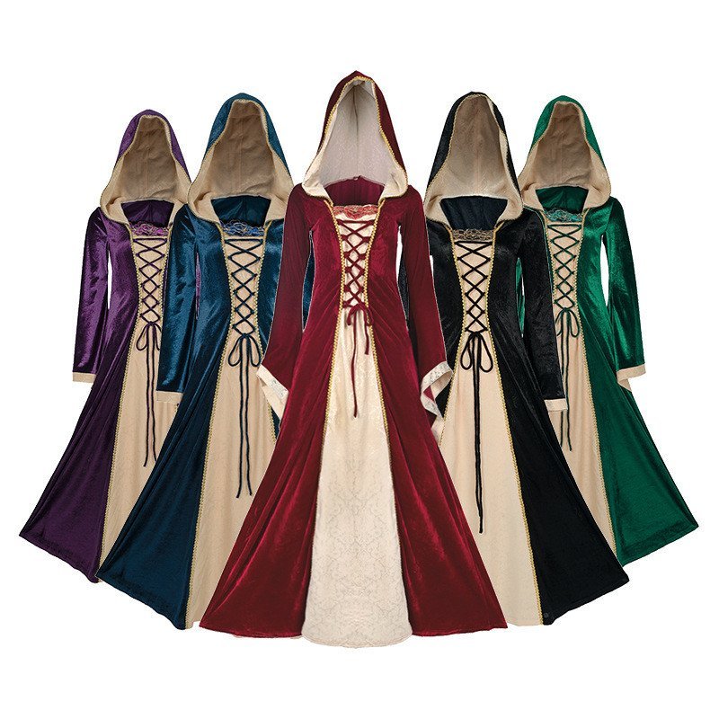 Vestido vintage longo, ajustado, com cintura marcada, capuz e em veludo de alta qualidade, traje de cosplay, vestido cas