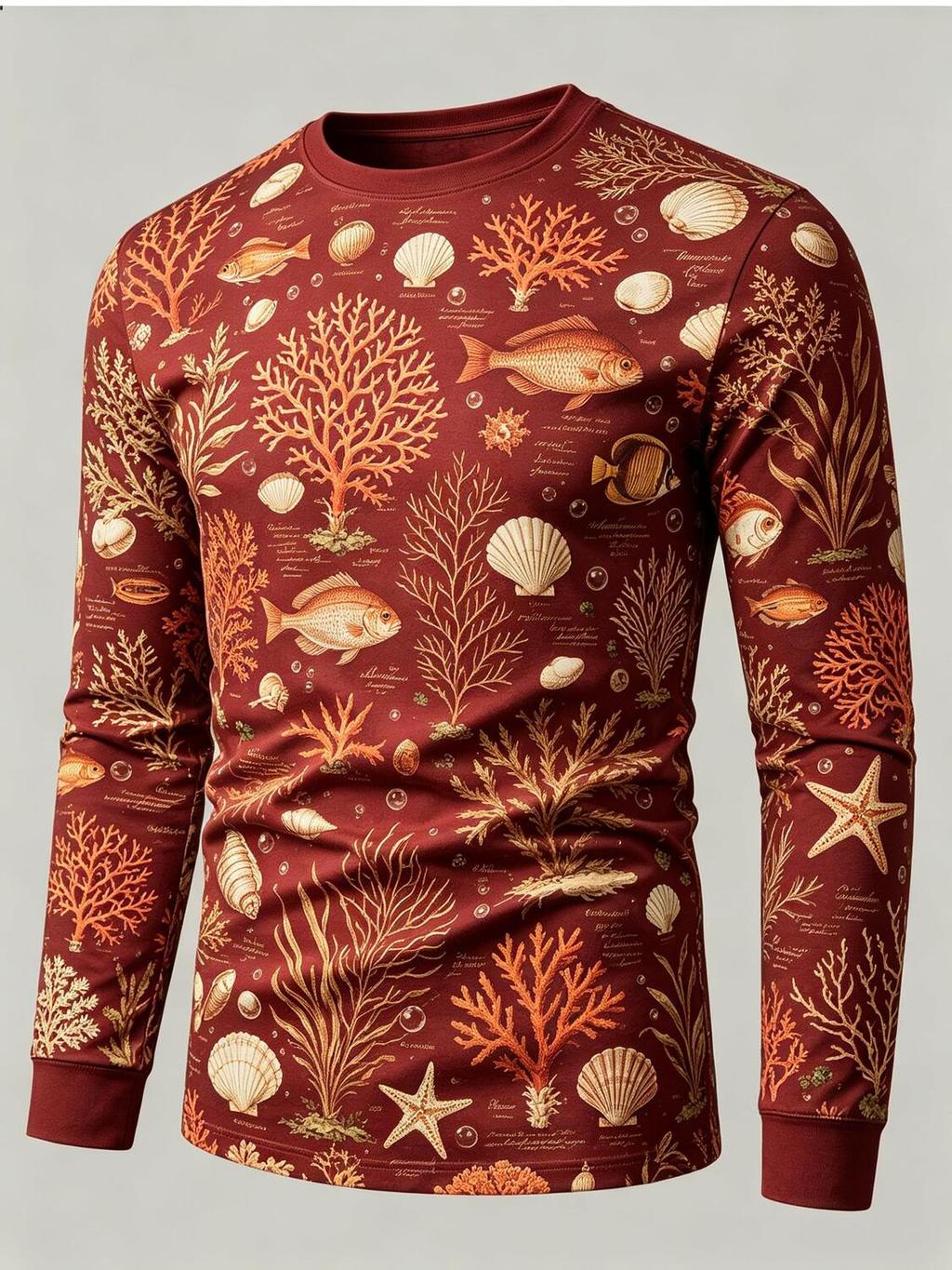 Camiseta Masculina Casual De Manga Comprida Borgonha Underwater Coral Shell Sea Creature Print Fashion Blusa