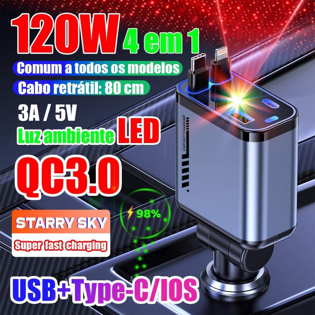 Carregador Rápido Para Carro USB + TYPE-C Adaptador 4 Em 1 De Carga Rápida Projeção Starry Sky Top