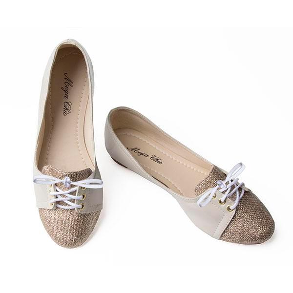 MegaChic Oxford Branco com Dourado MegaChic Verniz Branco Tecido Dourado Solado PVC Anti-Derrapante