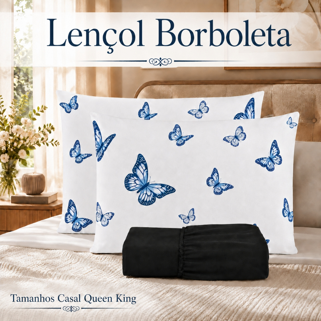 Product Name Jogo de Lençol Com Fronhas Borboleta Casal Queen King 3 Peças