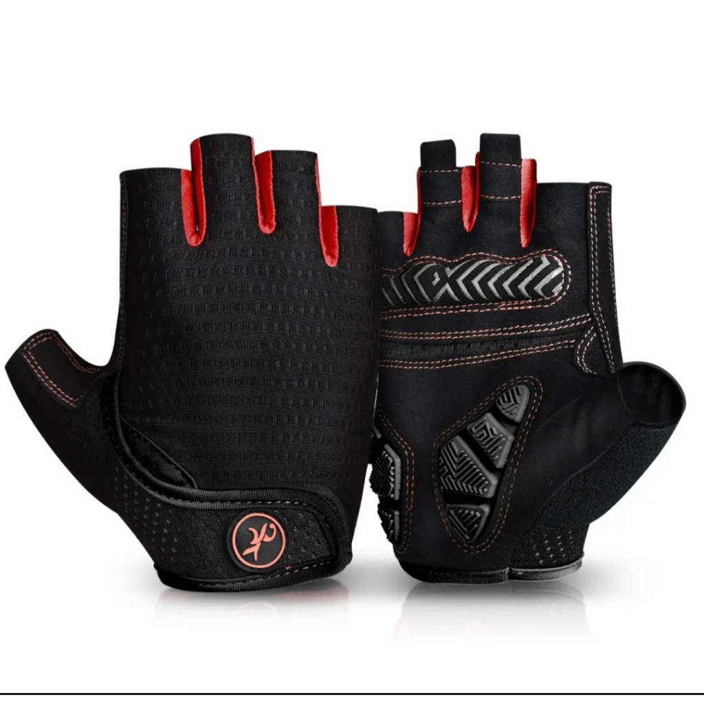 Luva de Ciclismo Academia Meio Dedo Respiráveis, Almofadas de 5mm, Anti-Slip Preto Vermelho
