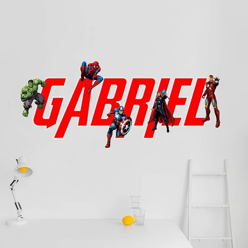 Adesivo Para Parede Com Nome Personalizado - Tema Vingadores Marvel Homem Aranha Hulk Capitão América