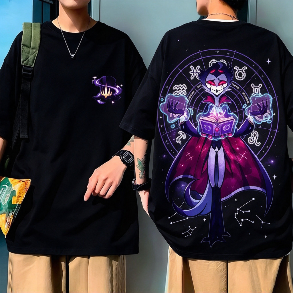 Camiseta Unisex de Alta Qualidade, Design com personagem místico de tema astrológico, estampa dupla face de cartoon mági