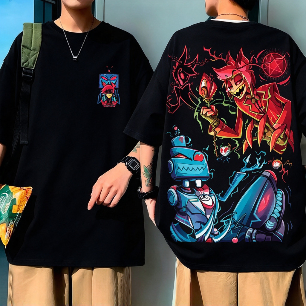 Camiseta Unisex de Alta Qualidade, Design com Estampas Criativas de Robôs Cibernéticos Cartoon e Personagens Estilizados