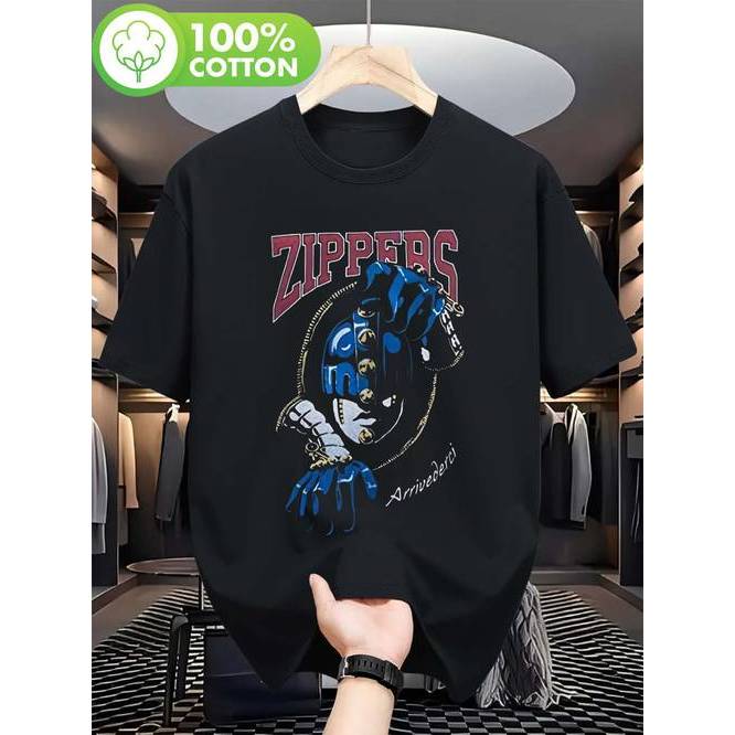 Camiseta Masculina Cartoon Zíper Dourado Design Elástico Moderna Estilosa Confortável Casual