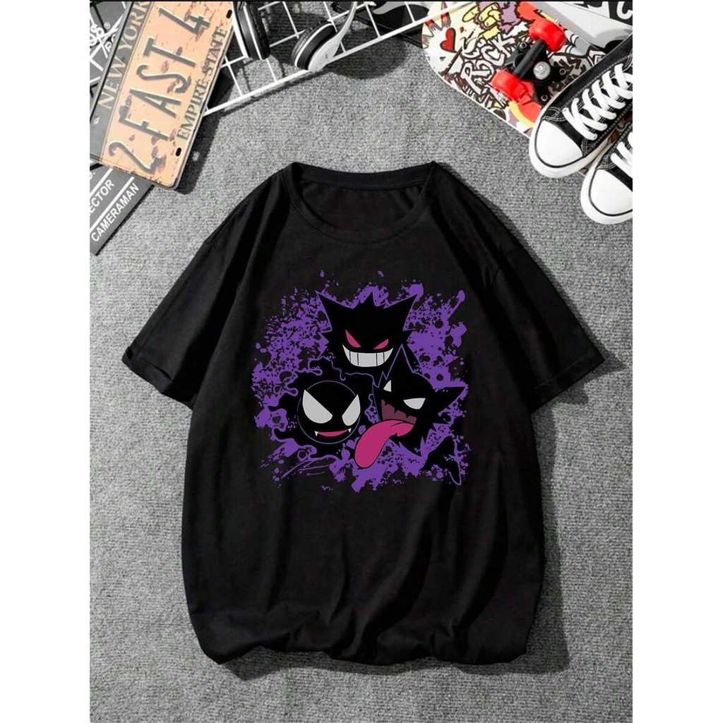 Camiseta Preta Oversized Unisex, Design com Personagens Cartoon Escuros em Roxo, Moda Streetwear Divertida