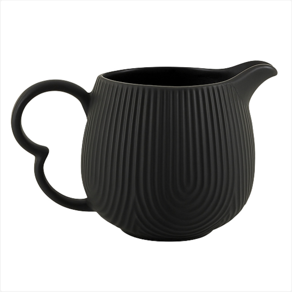 Leiteira De Cerâmica Preta 300ml Cremeira Canelada Com Alça Para Servir Leite Café Cozinha Oásis