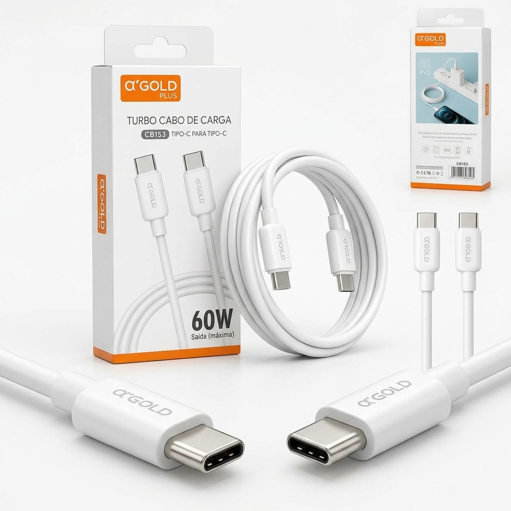 Cabo Tipo C Tipo C 60W 1 Metro A'Gold Carregador Turbo PD Fast Charge Carregamento Rápido Para Celular