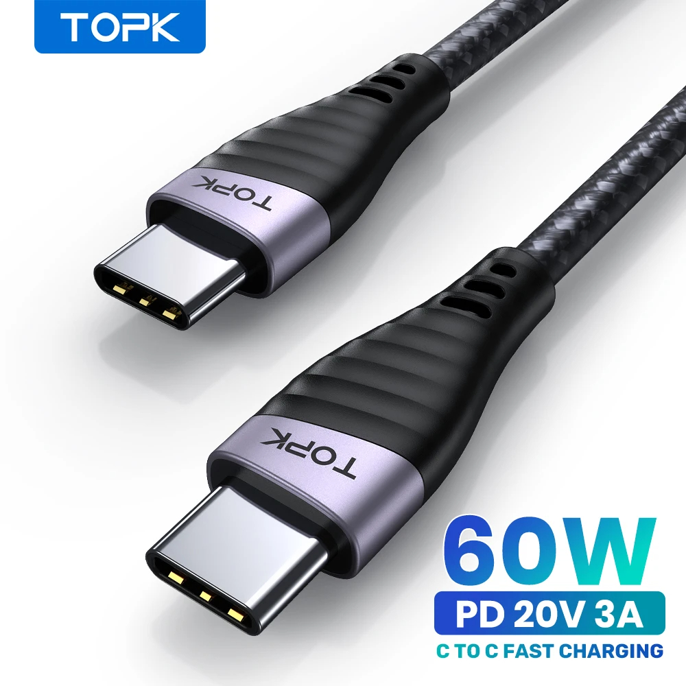 Cabo USB-C Fast Charging 60W PD QC 3.0 Nylon 2m TOPK AC15