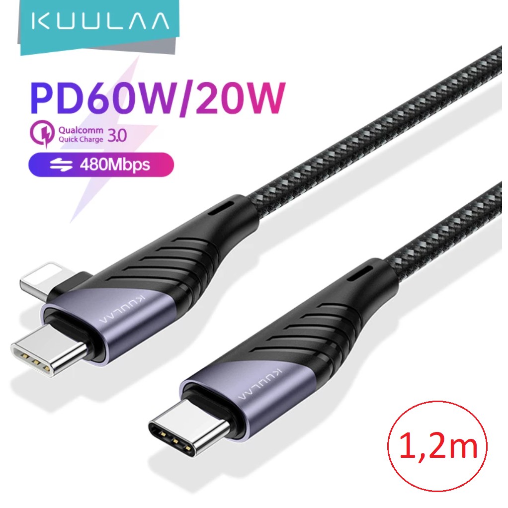 Cabo Carregador USB C e Lightning Turbo P/ Dados Fast Charger Carga Rápida 60W 1,2m