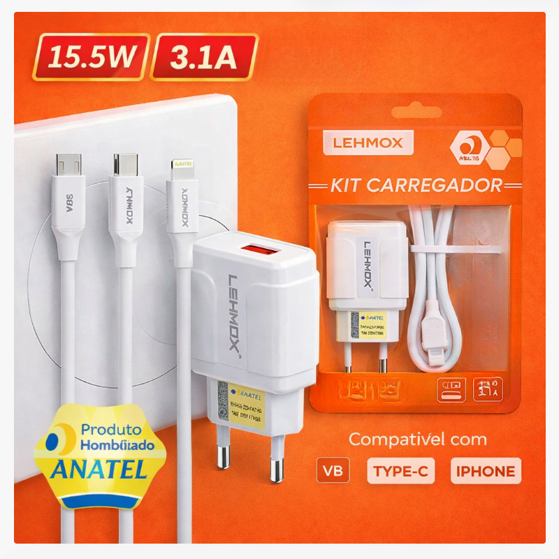Carregador Turbo Rápido com Cabo V8 Micro USB Type-C Lightning para Android e iPhone