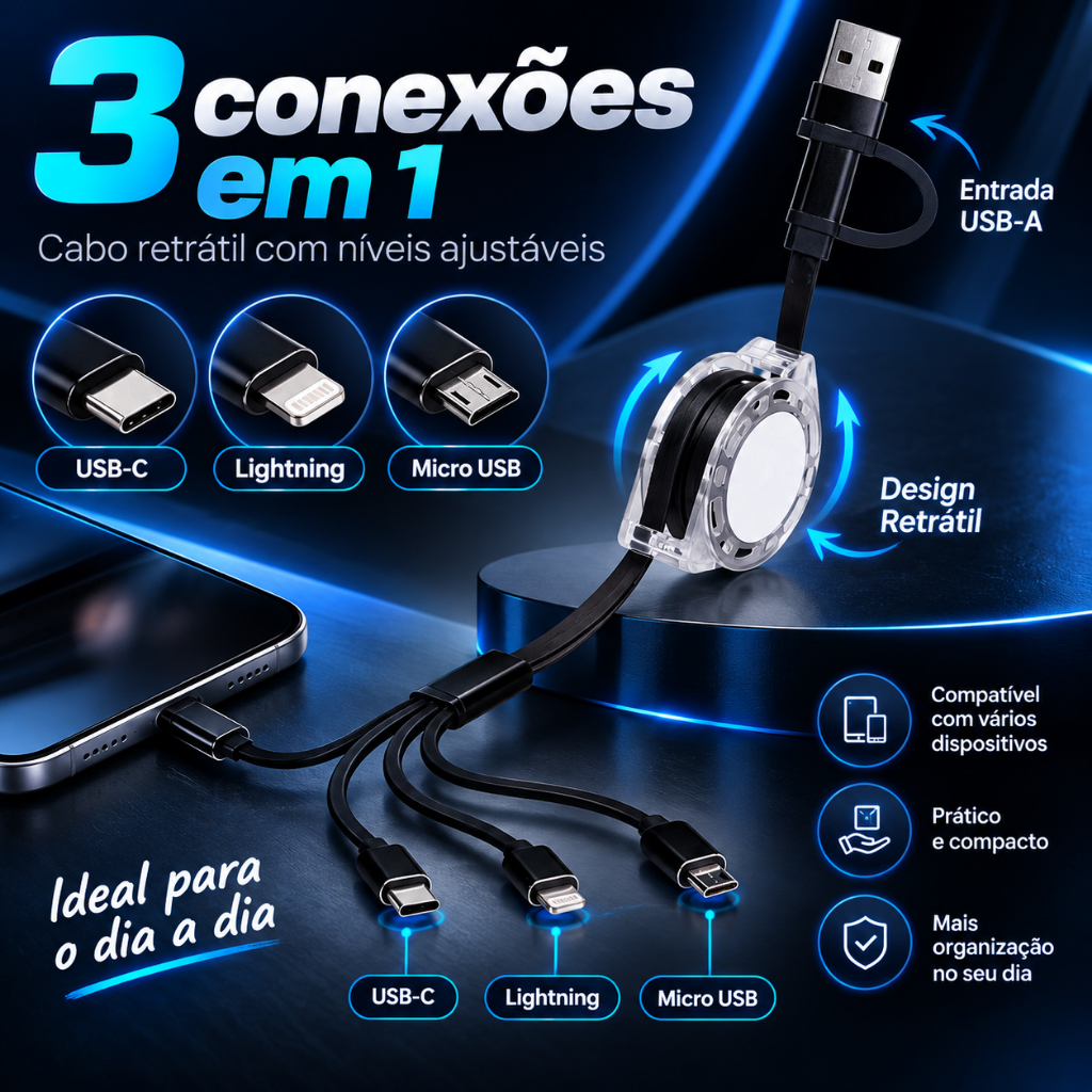 Cabo Retrátil 3 em 1 USB-C Lightning Micro USB Carregador para iPhone Android