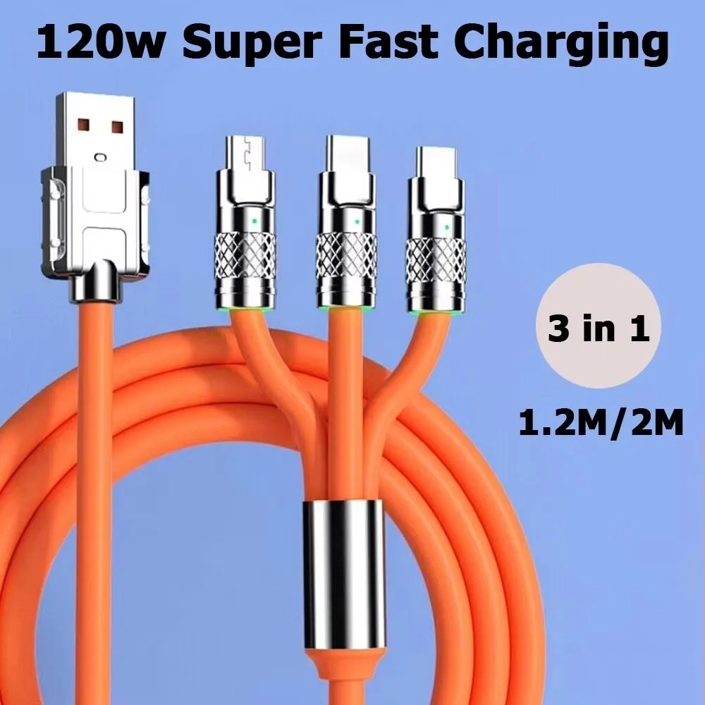 Cabo De Carregamento 3 Em 1 De 120 W Carga Rápida USB-C Lightning Micro Carregador Multidispositivo Para iPhone Android