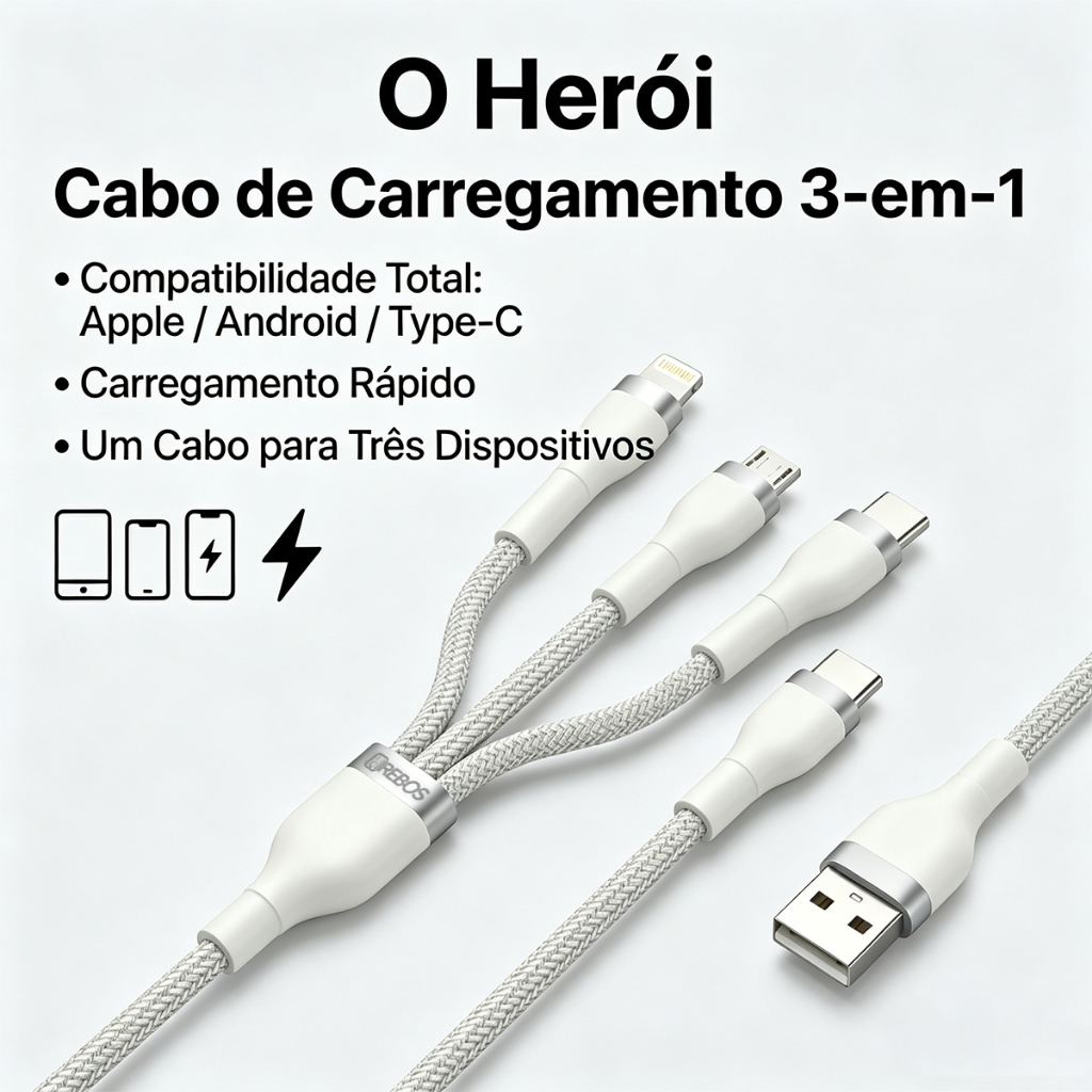 HREBOS Cabo Carregamento 3‑em‑1 Trançado Rápido USB‑A Lightning Type‑C Micro‑USB Compatível iPhone Android