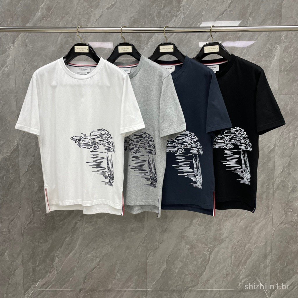 HDEV 24Early spring new classic landscape sailboat embroidery unisex round-neck short-sleeve shirt T Shirt