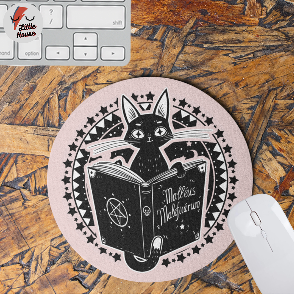 Mouse pad Livro Gato Leitor Rosa claro Redondo Fofo Criativo decoração mística home office desktop setup