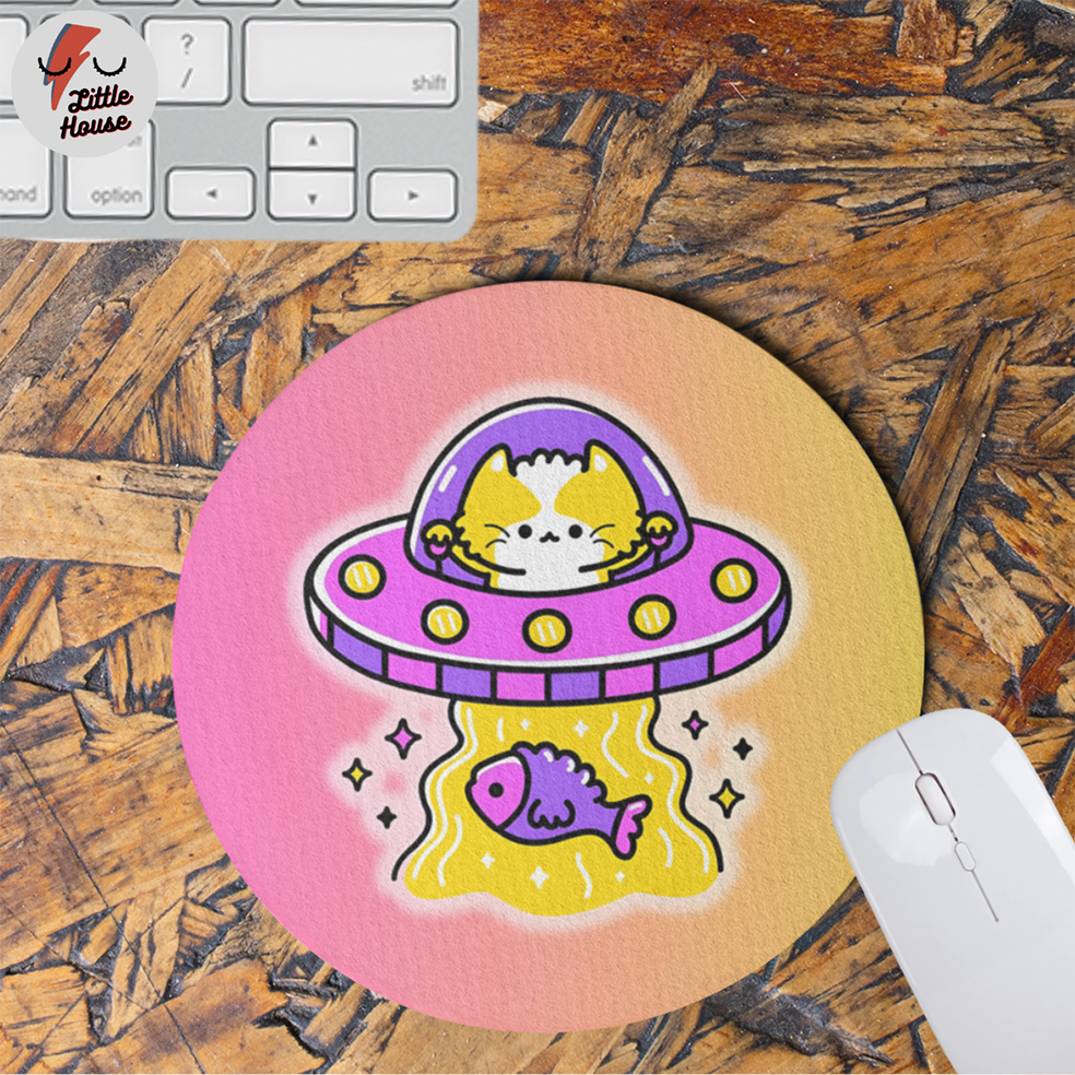 Mouse pad Gato Gatinho Fofo Extraterrestre ET disco voador Rosa decoração home office mousepad desktop
