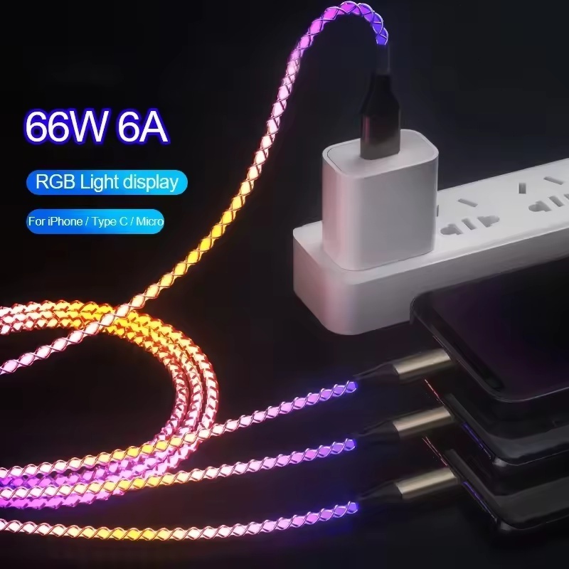 3 Em 1 66W 6A RGB Brilhante Type C Cabo LED De Carregamento Rápido USB Leve