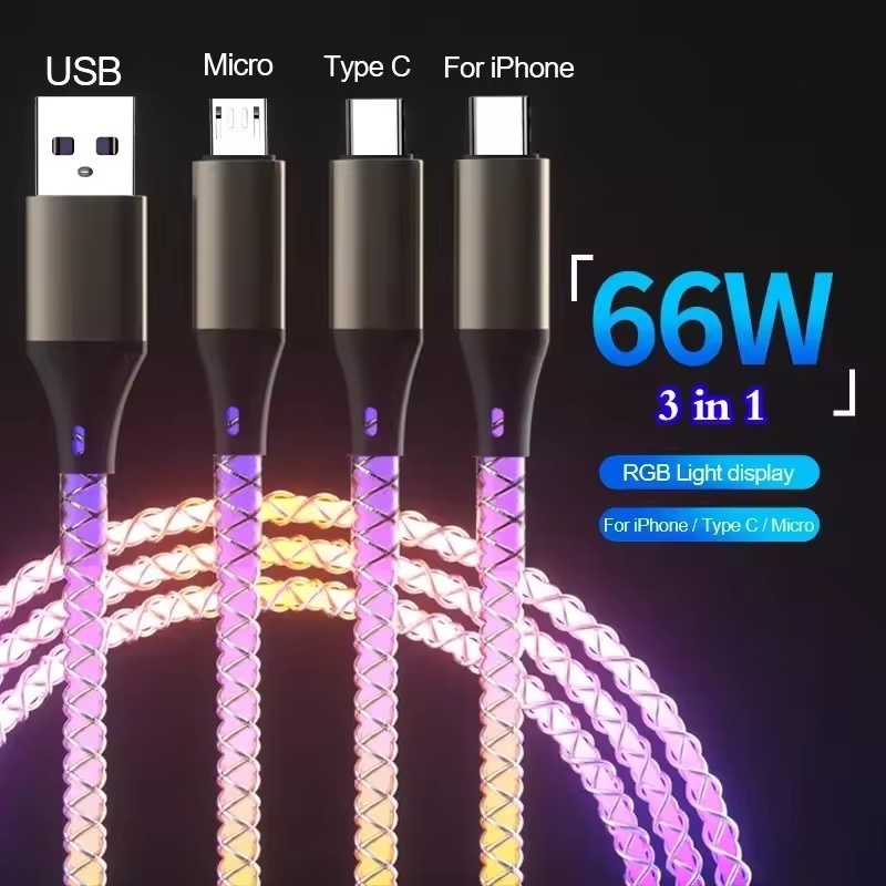 6A Carregamento Rápido RGB LED Luz USB C Cabo PD 66W Gradiente Luminoso De Dados 1m