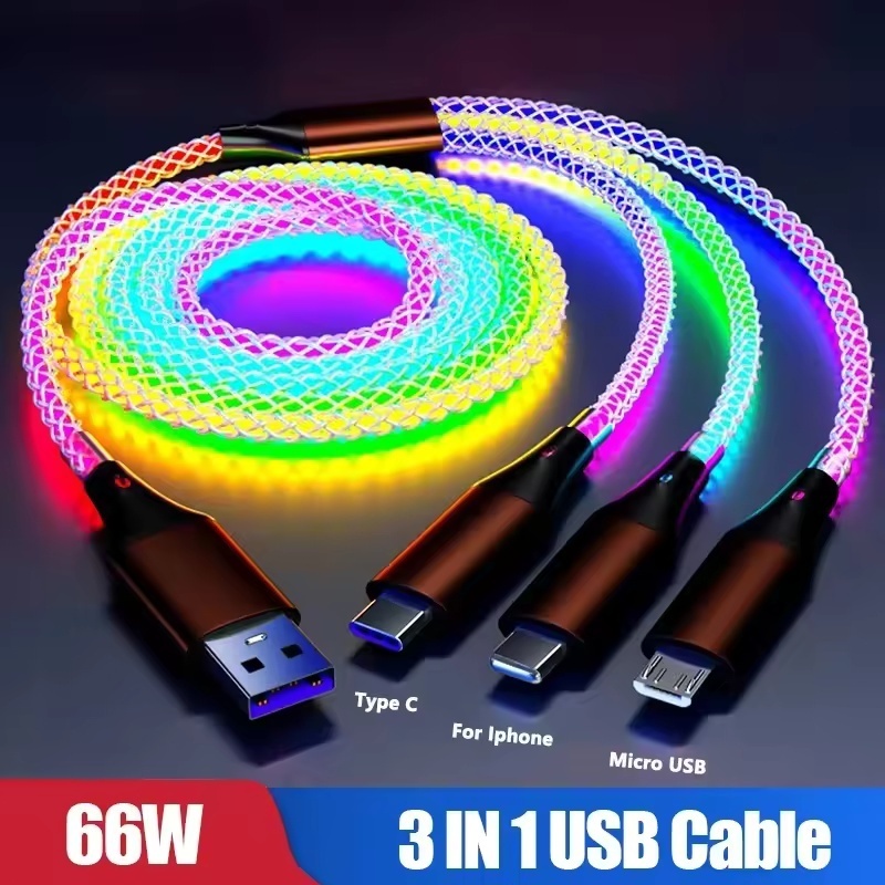 3 Em 1 6A Carregamento Rápido RGB Luminoso Gradiente Luz Cabo De Dados 66W TYPE-C Carregador USB