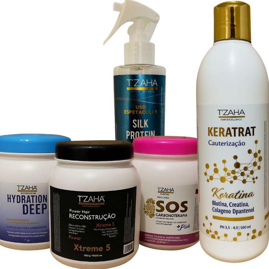 Combo Salão em Casa Completo  Tzaha Professional Restauração Premium TzahaCabelos Fortes 5 produtos