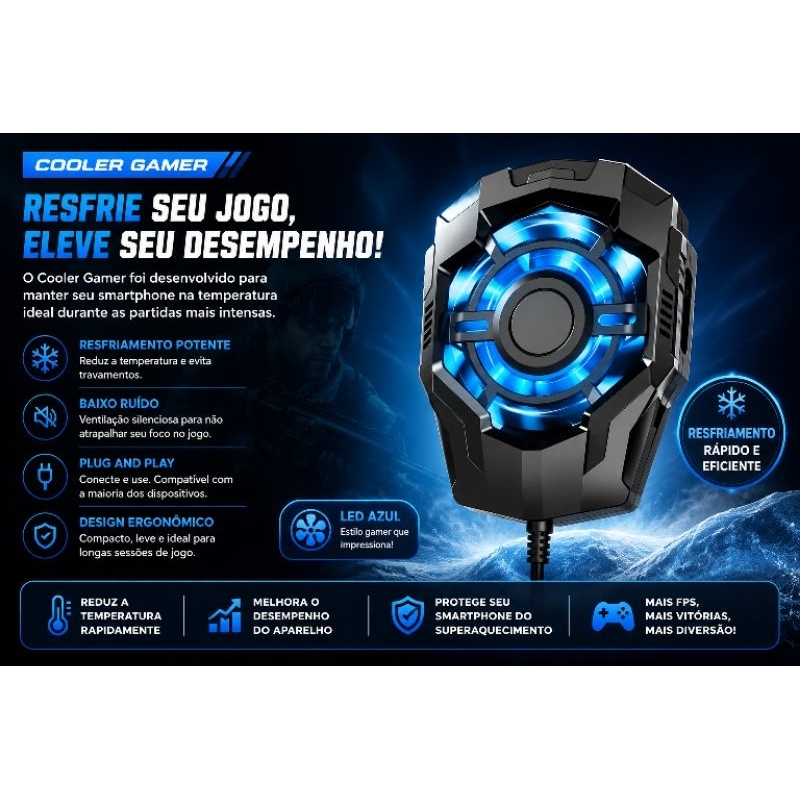 Cooler Gamer para Celular Resfriador de Celular Gamer Cor Preto Com Luz de Efeito