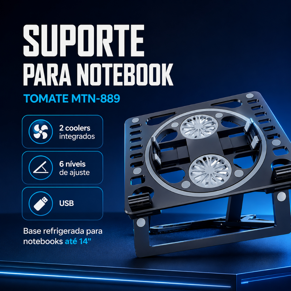 Suporte De Notebook Tablet Celular Até 17 Com Cooler E Refrigeração Dupla Silencioso Com Ajustes De Pressão