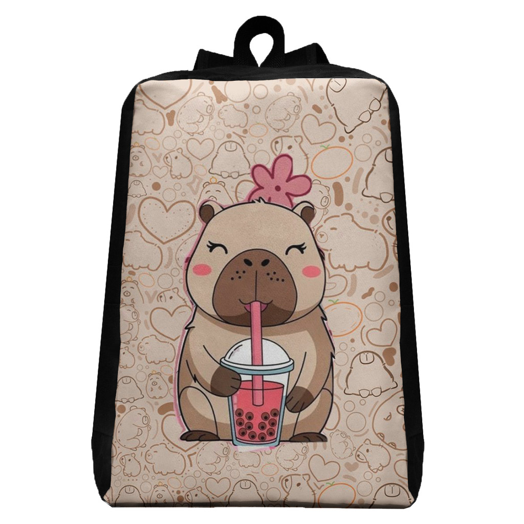 Mochila Capivara Cute Kawaii Tomando Bubble Tea Infantil e Juvenil Volta às Aulas Escolar