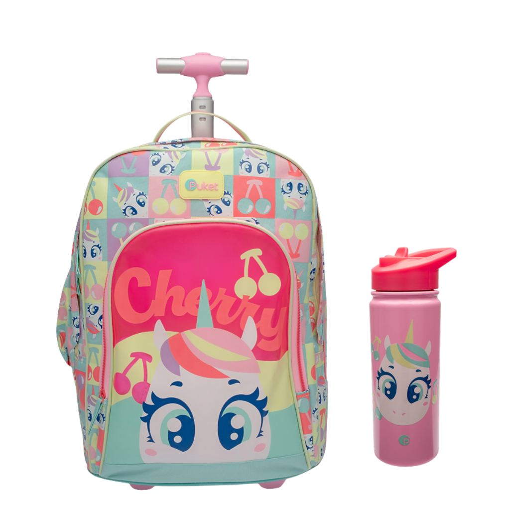 Kit Mochila Escolar Grande Com Rodinha e Garrafa Térmica Unicórnio Puket