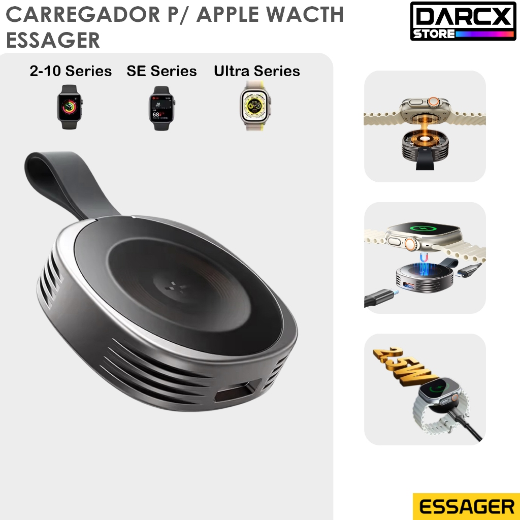 Essager Carregador Apple Watch Magnético Series 2-9 SE Ultra 2.5W Portátil Tipo C Lightning