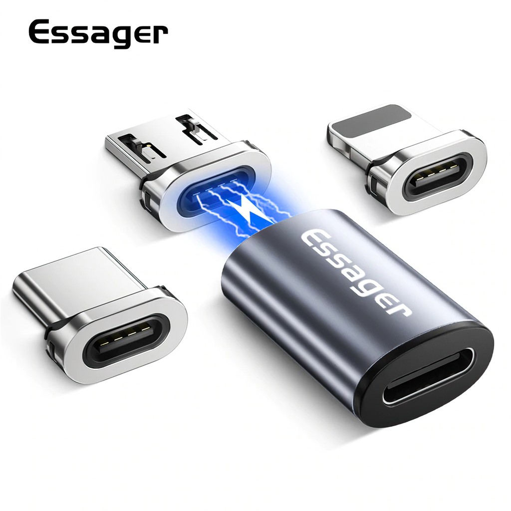 Mini Adaptador Magnético Original Essager Turbo Tipo-C Micro USB e Lightning