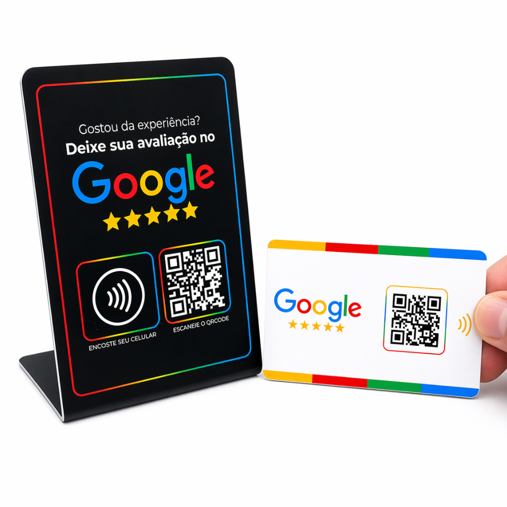 Google avaliação plaquinha com 1 cartões (aproximação nfc e qrcode encostar) onetag