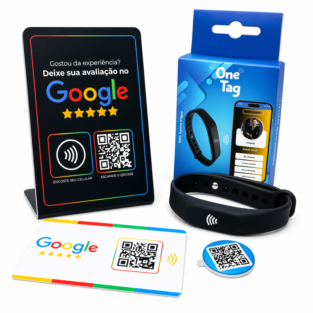 Google avaliação plaquinha com pulseira, cartão e tag (aproximação nfc e qrcode encostar) onetag