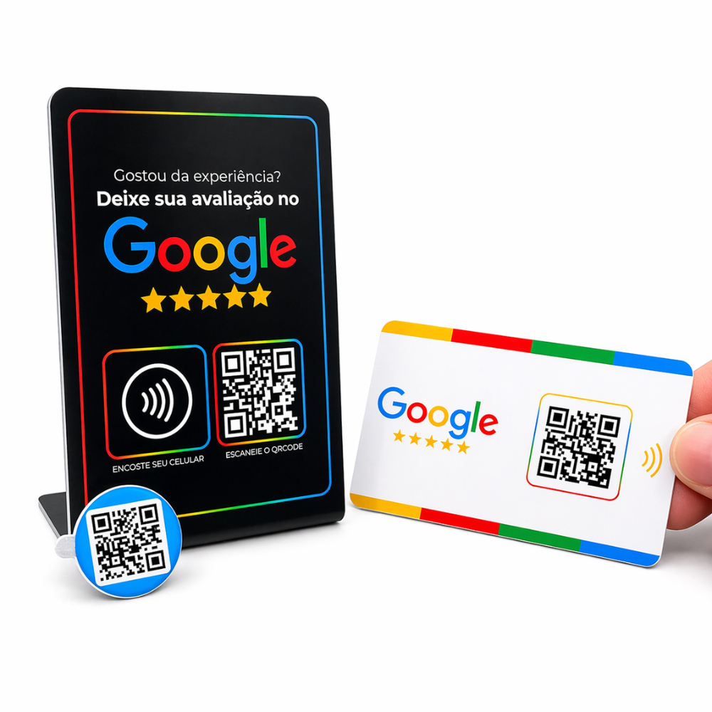 Google avaliação plaquinha com 1 cartões e 1 tag (aproximação nfc e qrcode encostar) onetag