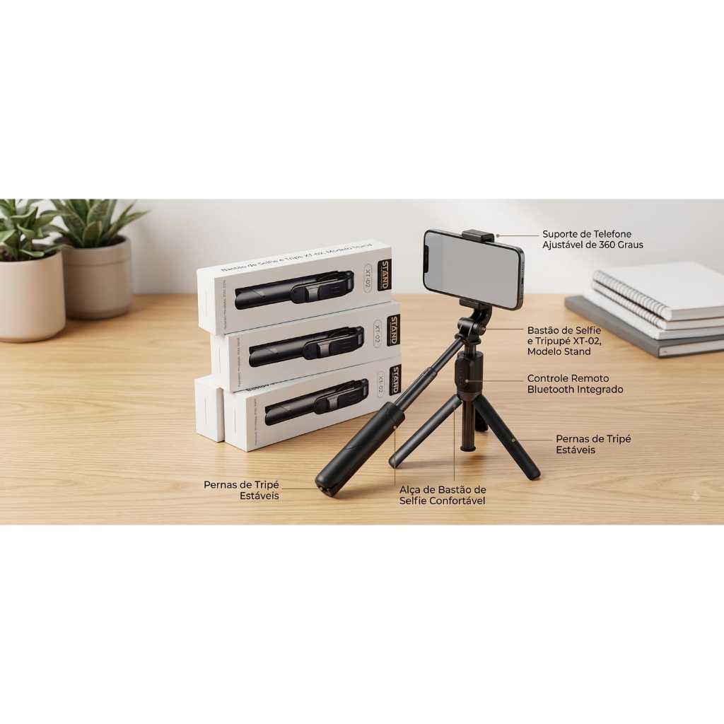 Bastão de Selfie e Tripé Stand XT-02 Bluetooth Controle Remoto Extensível Para Celular