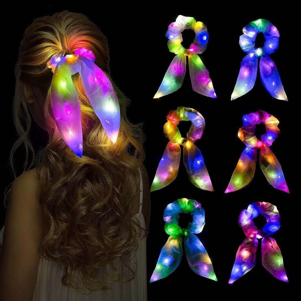 1Pcs Neon Light Up Bow Scrunchies Para Meninas , Porta Rabos De Pônei De Cabelo Lindo Led Scarf Hair Ties Acessórios Mulheres Rave Glow in the Dark Party Supplies Aniversário Halloween