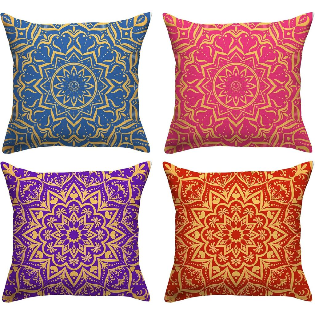 Indian Colorful Throw Pillow Covers 18x18 Set of 4 Diwali Pillow Case Diwali Decor Indian Diwali Holi Decorations and Su
