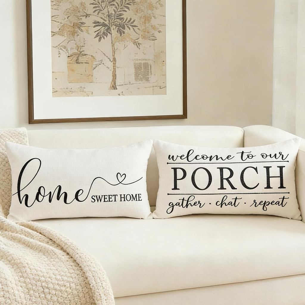 ONWAY Emboridered Home Sweet Home Welcome to Our Porch Throw Pillow Covers 12x20 Set of 2 Boho Decorative Lumbar Patio C
