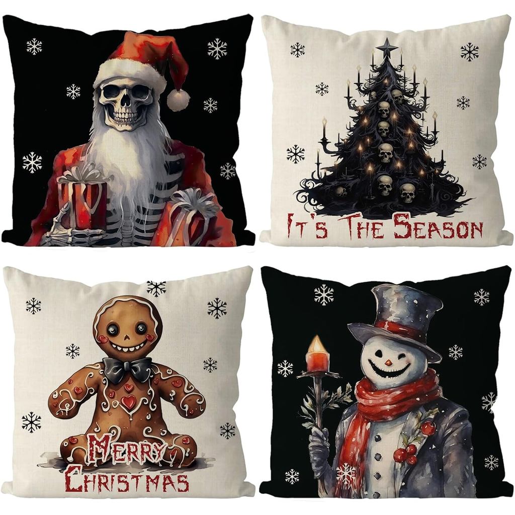Christmas Pillow Covers 18x18 Inch Set of 4 Gothic Skull Snowman Pillowcase Halloween Xmas Black and White Throw Pillow