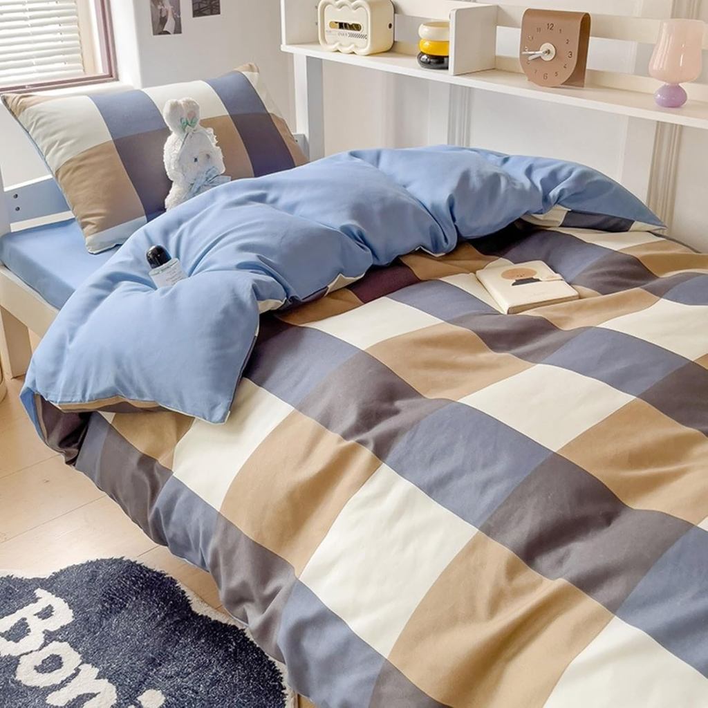 Washed Cotton Simple Grid Pattern, Skin Friendly, Soft and Brushed, Student Dormitory Three Piece Set, Bed Four Piece Se