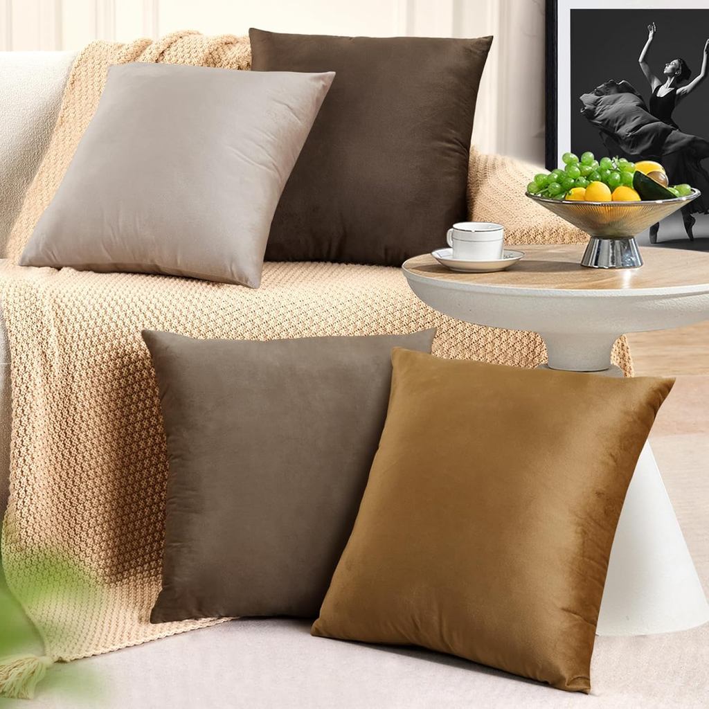 Throw Pillow Covers 18x18 Set of 4 - Couch Pillow Covers for Living Room Decorative Velvet Pillow Covers Neutral Soft So