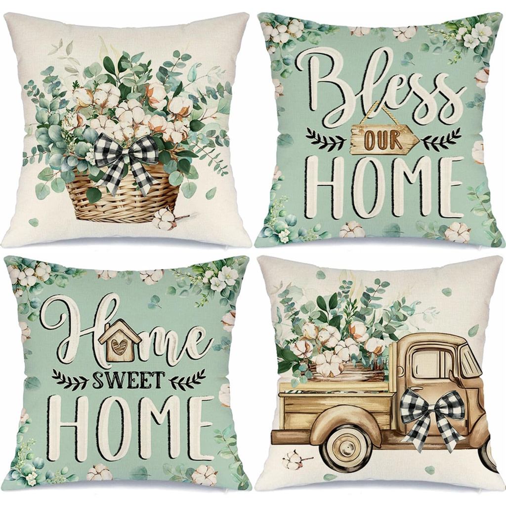 Spring Summer Eucalyptus Leaves Teal Throw Pillow Covers 18x18 Set of 4 Bless Our Home Sweet Home Truck Farmhouse Cushio