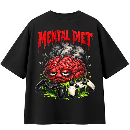 Camiseta Masculina Feminina Oversized Estampa Mental Diet Cérebro Gamer Streetwear, Camiseta Preta Estilo Grunge