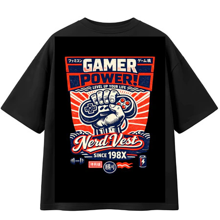 Camiseta Masculina Feminina Oversized Estampa Gamer Power Retro Streetwear, Camiseta Preta Nerd Vest, Moda Alternativa